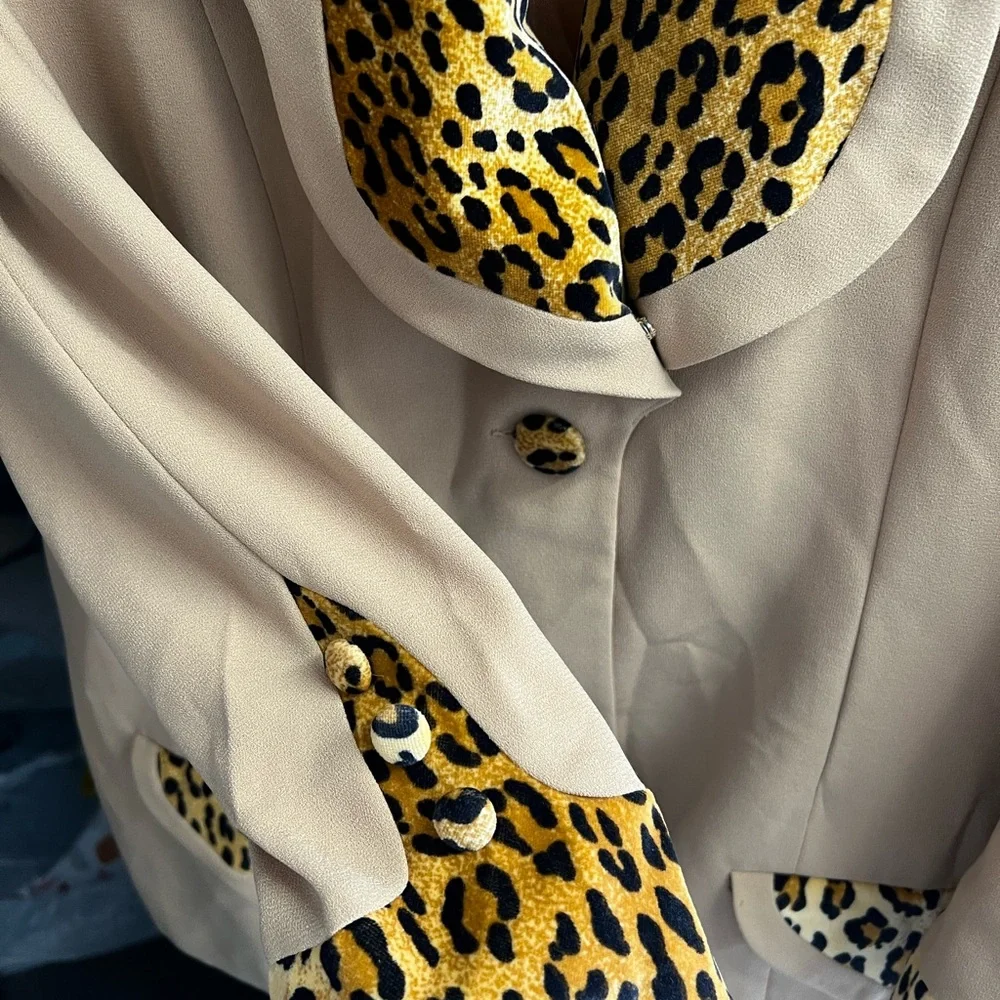 Vintage Khaki Peach Lining Leopard Trim M/L 12 Blazer - Picture 5 of 8